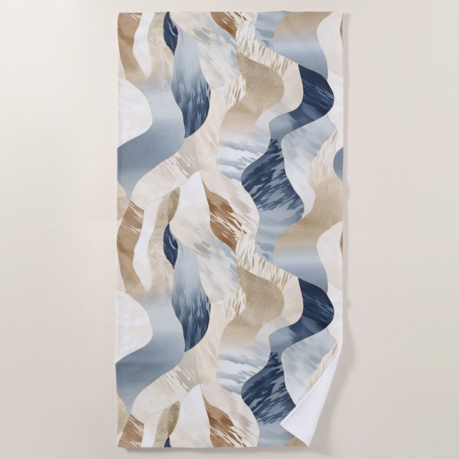 Blue Cream Ivory Abstract Waves Beach  Beach Towel (Front)
