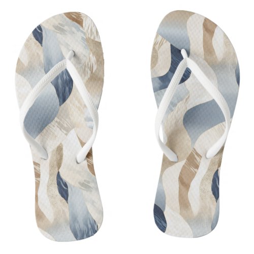 Blue Cream Ivory Abstract Waves Beach  Flip Flops