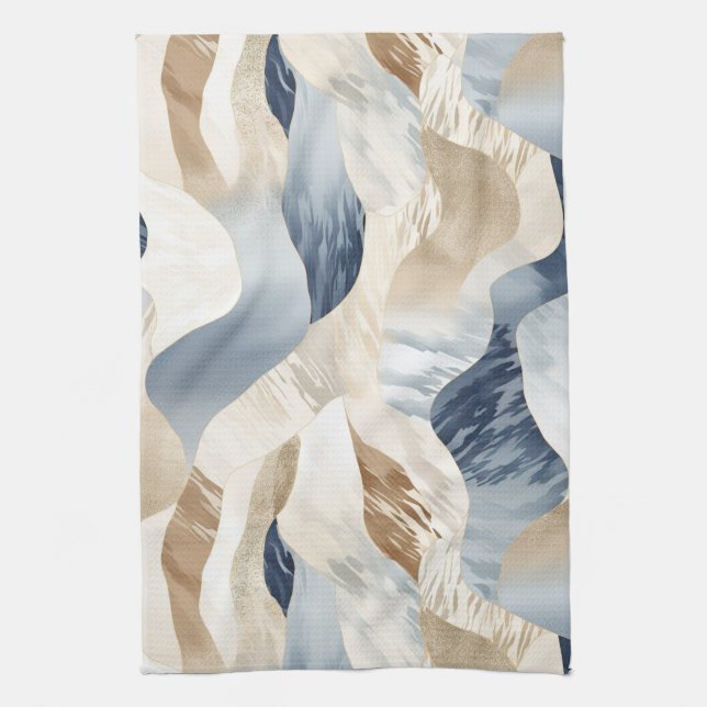 Blue Cream Ivory Abstract Waves Beach  Kitchen Towel (Vertical)