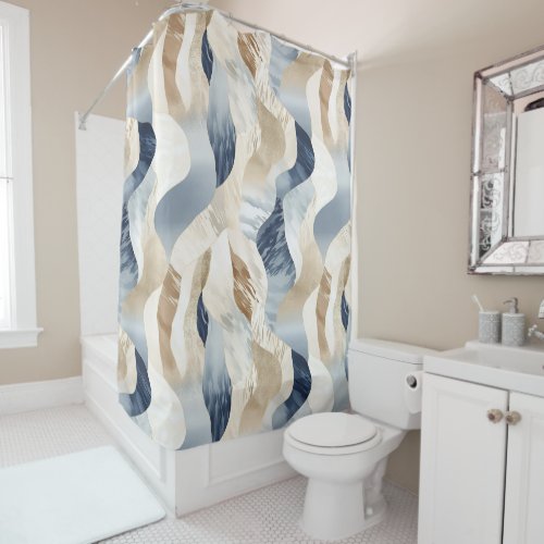 Blue Cream Ivory Abstract Waves Beach  Shower Curtain