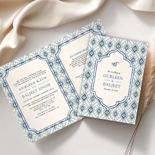 Blue Cream Ivory Ikat All in One Sikh Wedding Invitation (Creator Uploaded)