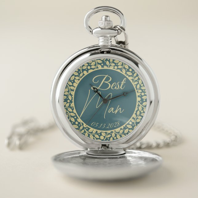 Blue & Cream Leaf Pattern Best Man Pocket Watch (Inside)