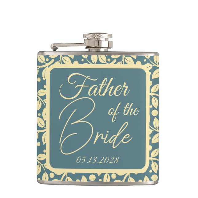 Blue & Cream Leaf Pattern Father of the Bride Flask (Front)
