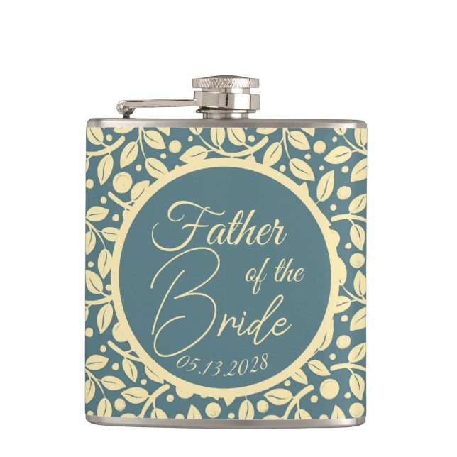 Blue & Cream Leaf Pattern Father of the Bride Flask (Front)