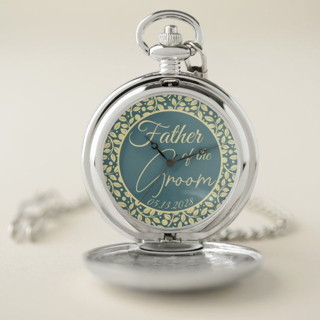 Blue & Cream Leaf Pattern Father of the Grrom Pocket Watch (Inside)
