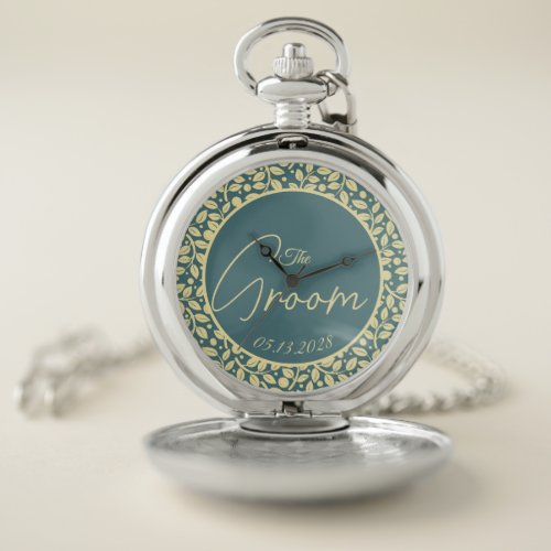 Blue  Cream Leaf Pattern Groom Pocket Watch