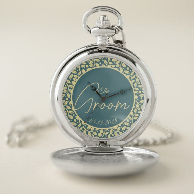 Blue & Cream Leaf Pattern Groom Pocket Watch (Inside)