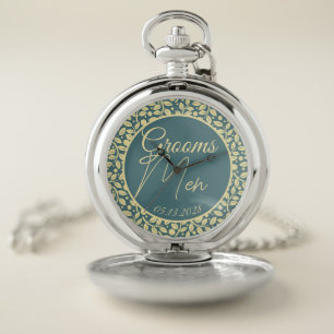 Blue & Cream Leaf Pattern Groomsmen Pocket Watch