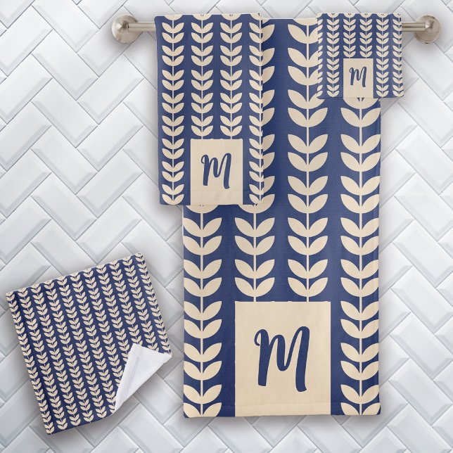 Blue Cream Leaf Pattern Monogram Bath Towel Set (Creator Uploaded)