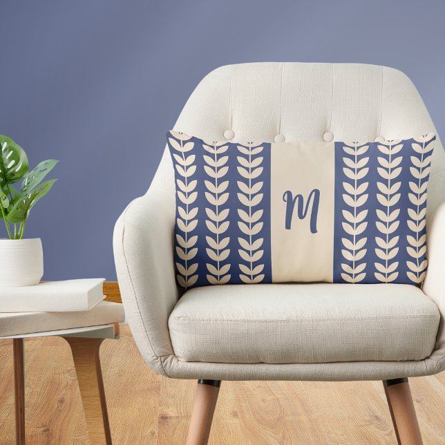 Blue Cream Leaf Pattern Monogram Lumbar Pillow (Creator Uploaded)