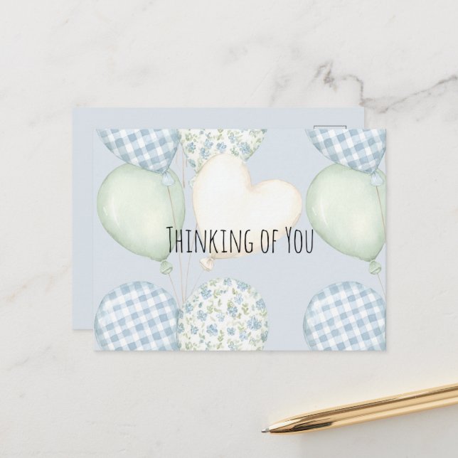 Blue Cream Mint Heart Balloons Thinking of you Postcard (Front/Back In Situ)
