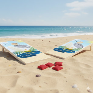 Blue & Cream Modern Beach Welcome Summer Cornhole Set