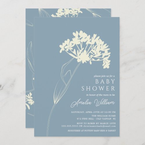 Blue  Cream Modern Floral Baby Shower Invitation