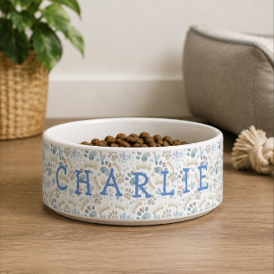 Blue Cream Paw Print Pet Name Ceramic Pet Bowl