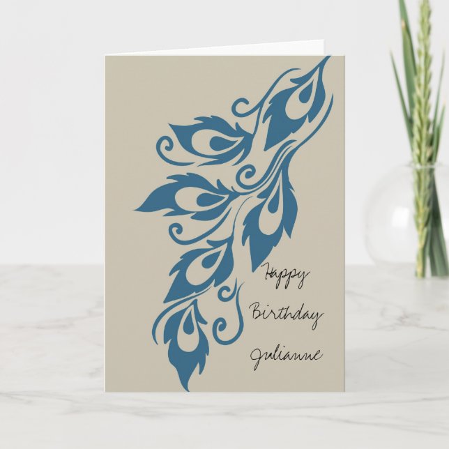 Blue Cream Peacock Feathers Birthday Card (Front)