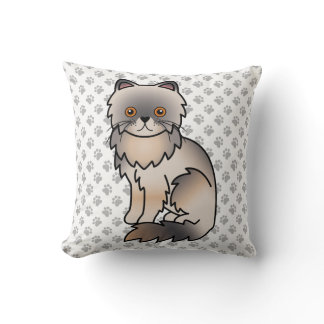 Blue Cream Persian Cute Cartoon Cat &amp; Paws Throw Pillow