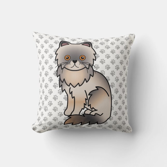 Blue Cream Persian Cute Cartoon Cat & Paws Throw Pillow (Front)