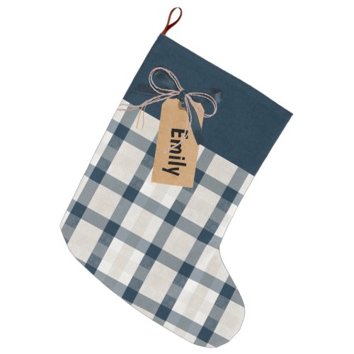 Blue Cream Plaid Kraft Tag Personalized  Large Christmas Stocking