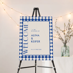 Blue & Cream Retro Bold Checkered Pattern Wedding Foam Board