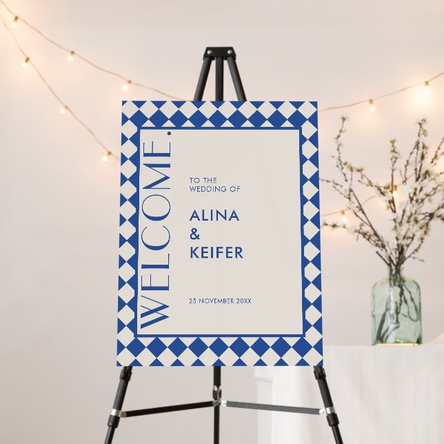 Blue & Cream Retro Bold Checkered Pattern Wedding Foam Board (In Situ (Stand))