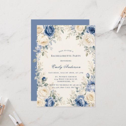 Blue & Cream Rose Floral Bachelorette Party Invitation