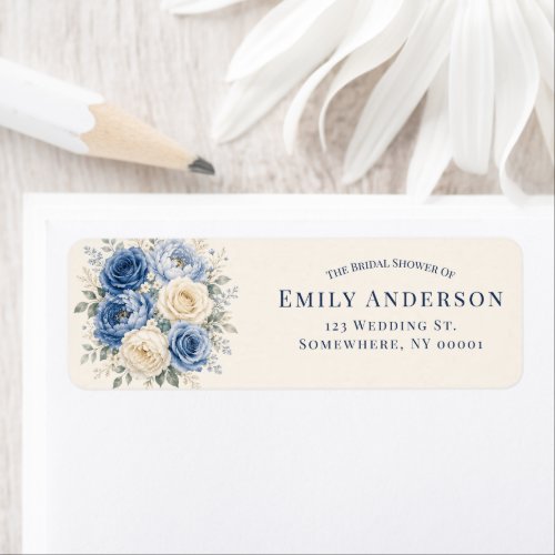 Blue & Cream Rose Floral Bridal Shower Address Label