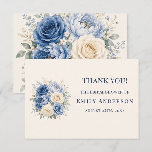 Blue & Cream Rose Floral Bridal Shower Thank You Card