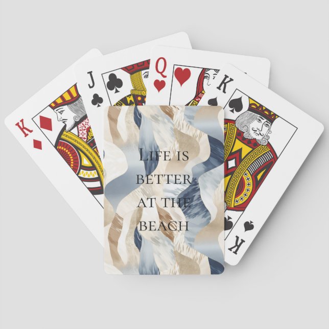 Blue Cream Sand Ivory Abstract Waves Beach  Poker Cards (Back)