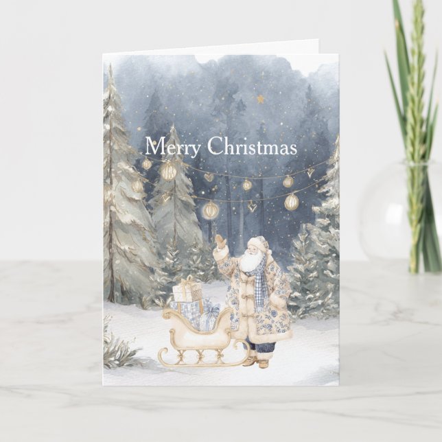 Blue Cream Santa Snow Christmas Trees Card (Front)