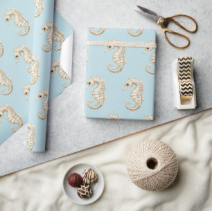 Blue Cream Sea Horses Ocean Beach Birthday Wrapping Paper