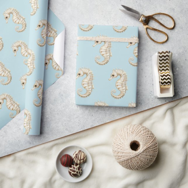 Blue Cream Sea Horses Ocean Beach Birthday Wrapping Paper (Crafts)