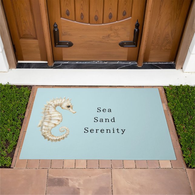 Blue Cream Sea Horses Ocean Bridal Shower Doormat (Outdoor)