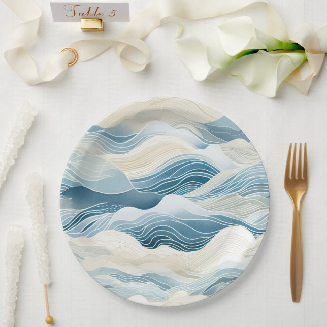 Blue Cream Sea Sand Ocean Waves Beach Paper Plates (Wedding)