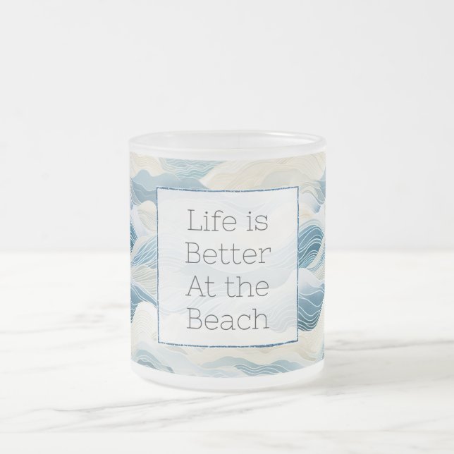 Blue Cream Sea Sand Ocean Waves Frosted Glass Coffee Mug (Center)