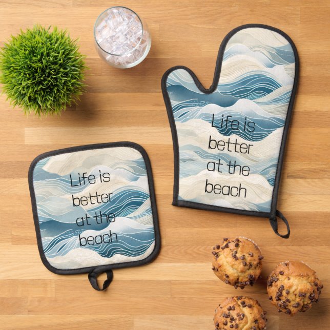 Blue Cream Sea Sand Ocean Waves Oven Mitt & Pot Holder Set (Top Down)