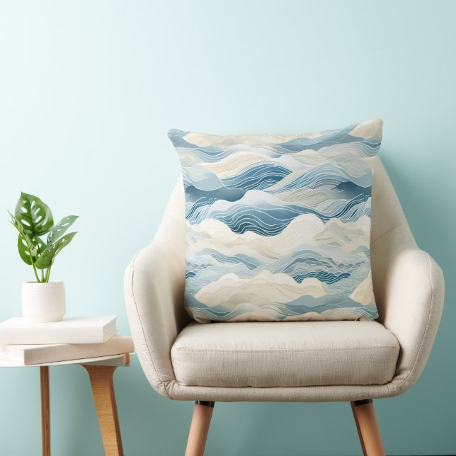Blue Cream Sea Sand Ocean Waves Throw Pillow (Chair)