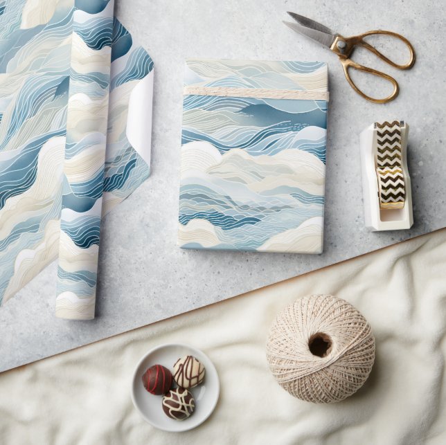 Blue Cream Sea Sand Ocean Waves Wrapping Paper (Crafts)
