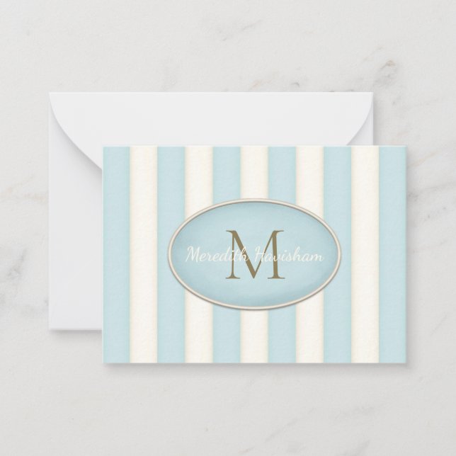 Blue & Cream Stripes Bronze Monogram Custom Note Card (Front)