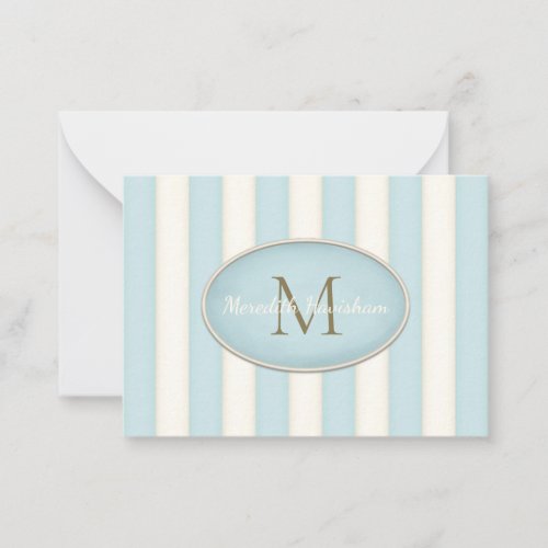 Blue  Cream Stripes Bronze Monogram Custom Note Card