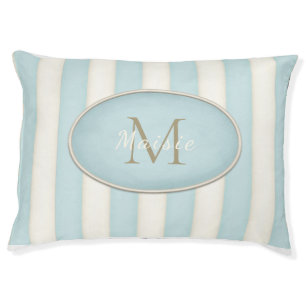 Blue & Cream Stripes Bronze Monogram in Oval Frame Pet Bed