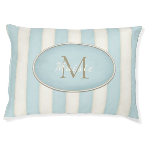Blue  Cream Stripes Bronze Monogram in Oval Frame Pet Bed