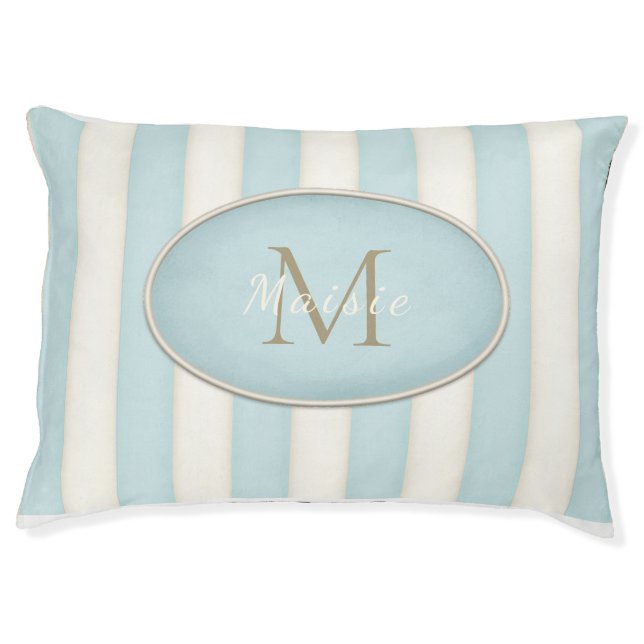 Blue & Cream Stripes Bronze Monogram in Oval Frame Pet Bed (Front)