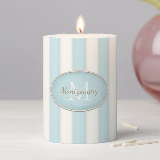 Blue & Cream Stripes Oval Frame Monogrammed Pillar Candle (In Situ)