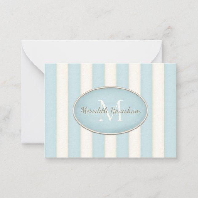 Blue & Cream Stripes Oval Framed Monogram Custom Note Card (Front)