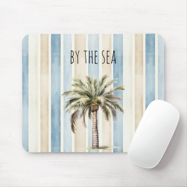 Blue Cream Stripes Tropical Palm Tree Mouse Pad (With Mouse)