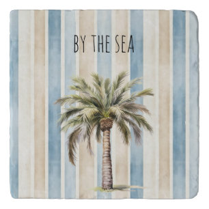 Blue Cream Stripes Tropical Palm Tree Trivet