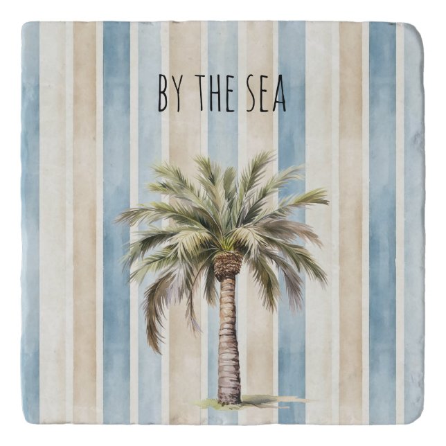 Blue Cream Stripes Tropical Palm Tree Trivet (Front)