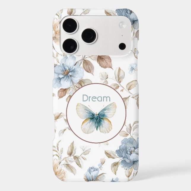 Blue Cream Tan Brown Flowers Butterfly iPhone Case (Back)