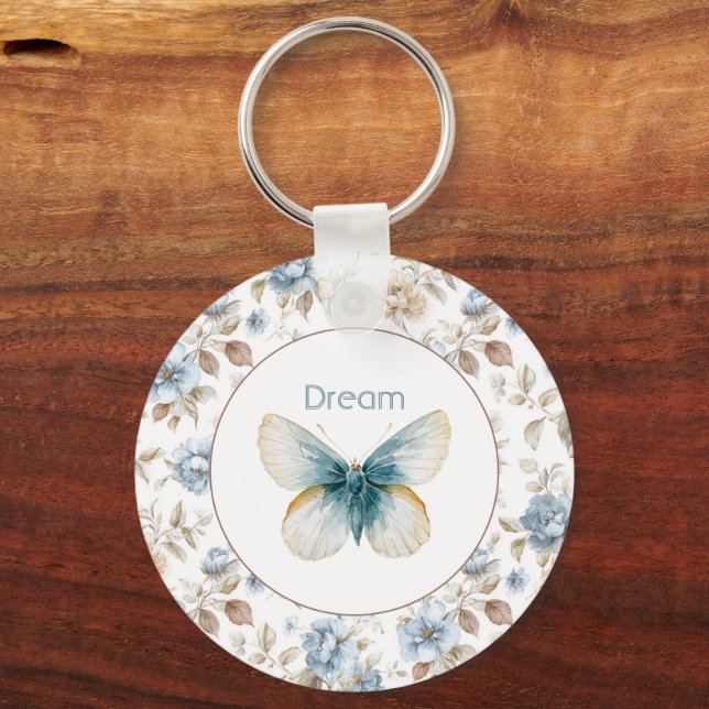 Blue Cream Tan Brown Flowers Butterfly Keychain (Front)