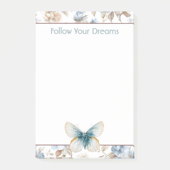 Blue Cream Tan Brown Flowers Butterfly Post-it Notes (Front)